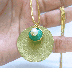 Big Hammered disc with emerald and pearl stone necklace, Handmade jewelry